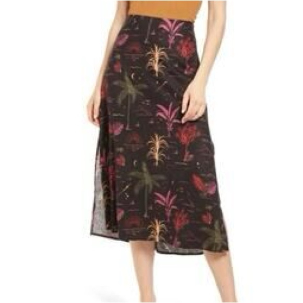 Marine Layer Ryan Natural Hemp-blend Fabric Tropical Print Midi Skirt Side Zip